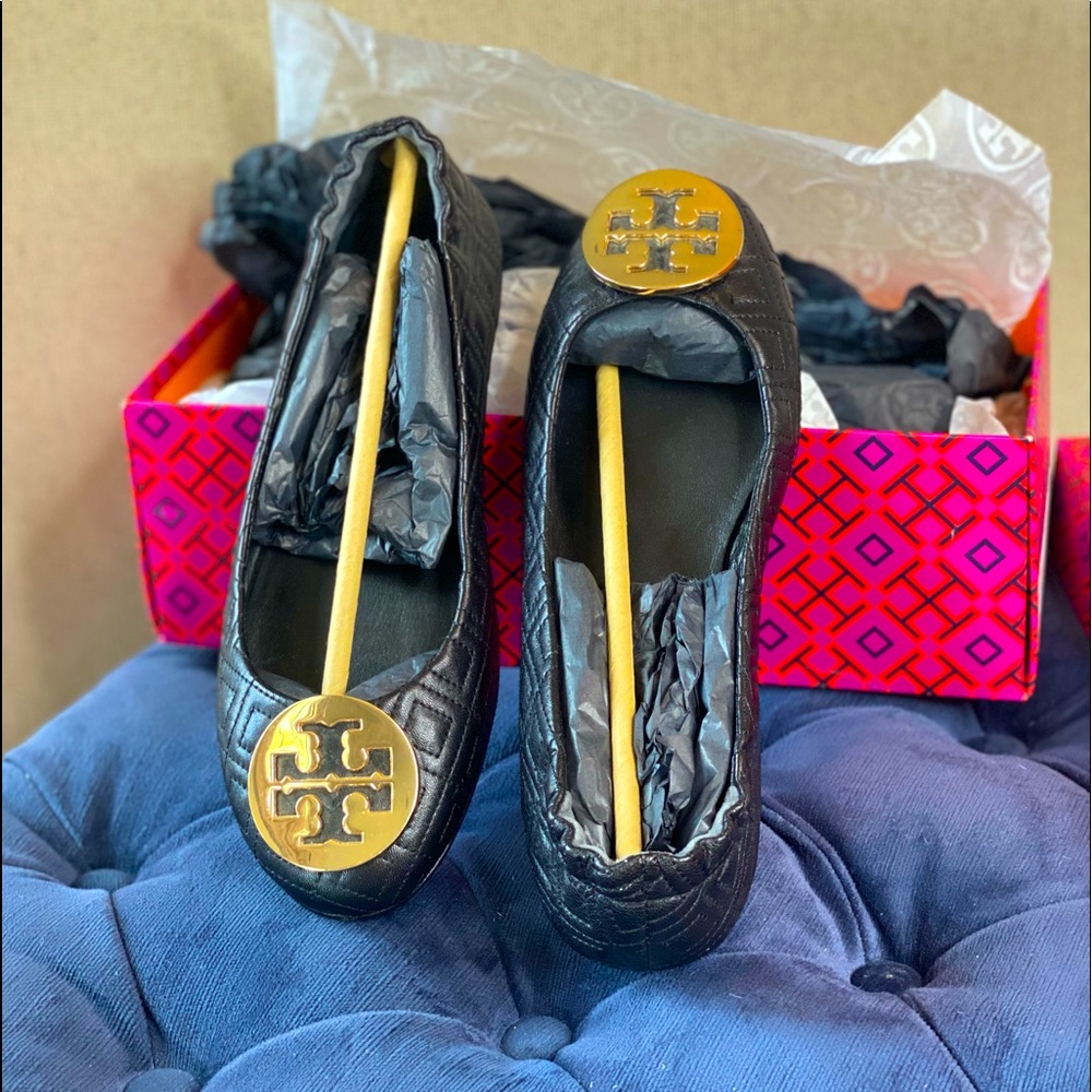 Tory Burch ballet flats black leather quilted diamond